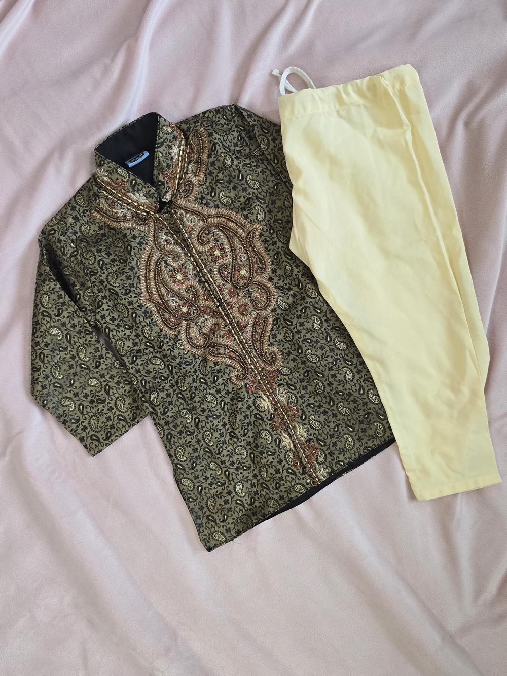 New Boys Embroidered Gold & Black Kurta Set with Cream Pants